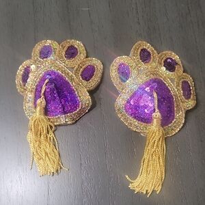Gold and Purple Paw-Shaped Tassel Earrings